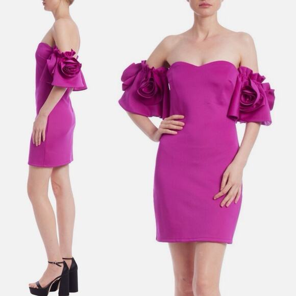 Jewel Badgley Mischka Rosette Mini Dress Pink Off The Shoulder Size 2 Cocktail - Picture 1 of 11